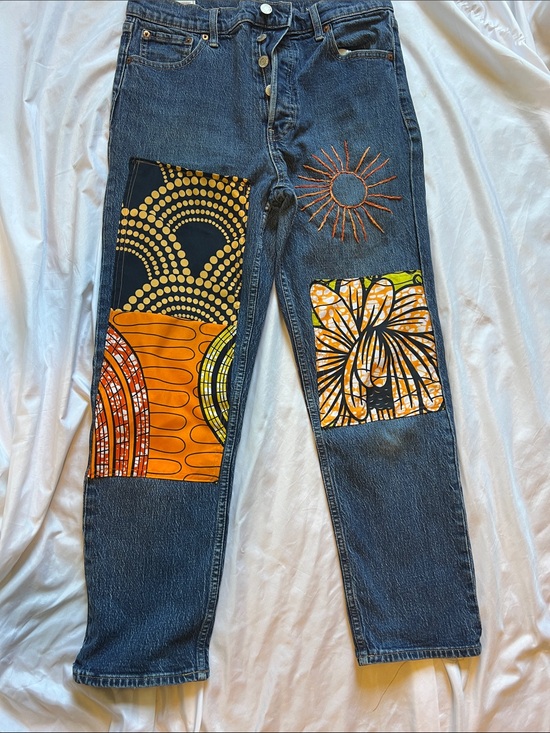 Upcycled Gap Denim - Upcycled BohoEmbroidered Sun & Patchwork Dark Blue Denim Jeans